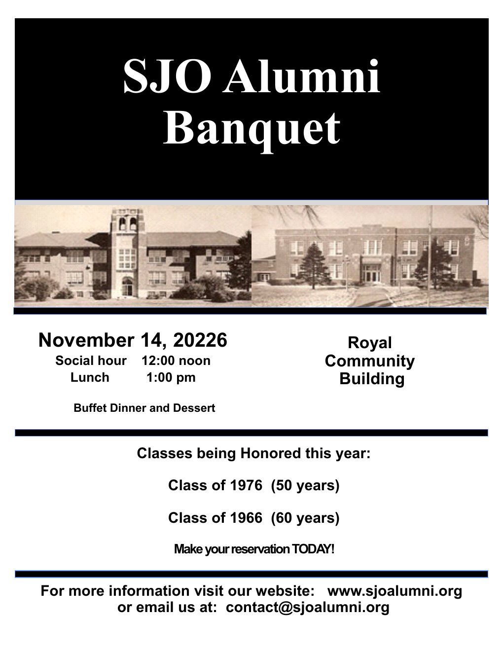 2026 SJO Alumni Banquet poster: November 14, 2026 at the Royal Community Building, honoring the classes of 1976 and 1966